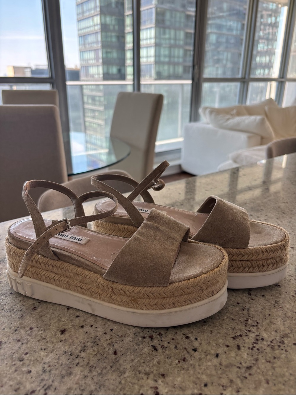 Miu Miu Taupe Suede Espadrille Platform Sandals